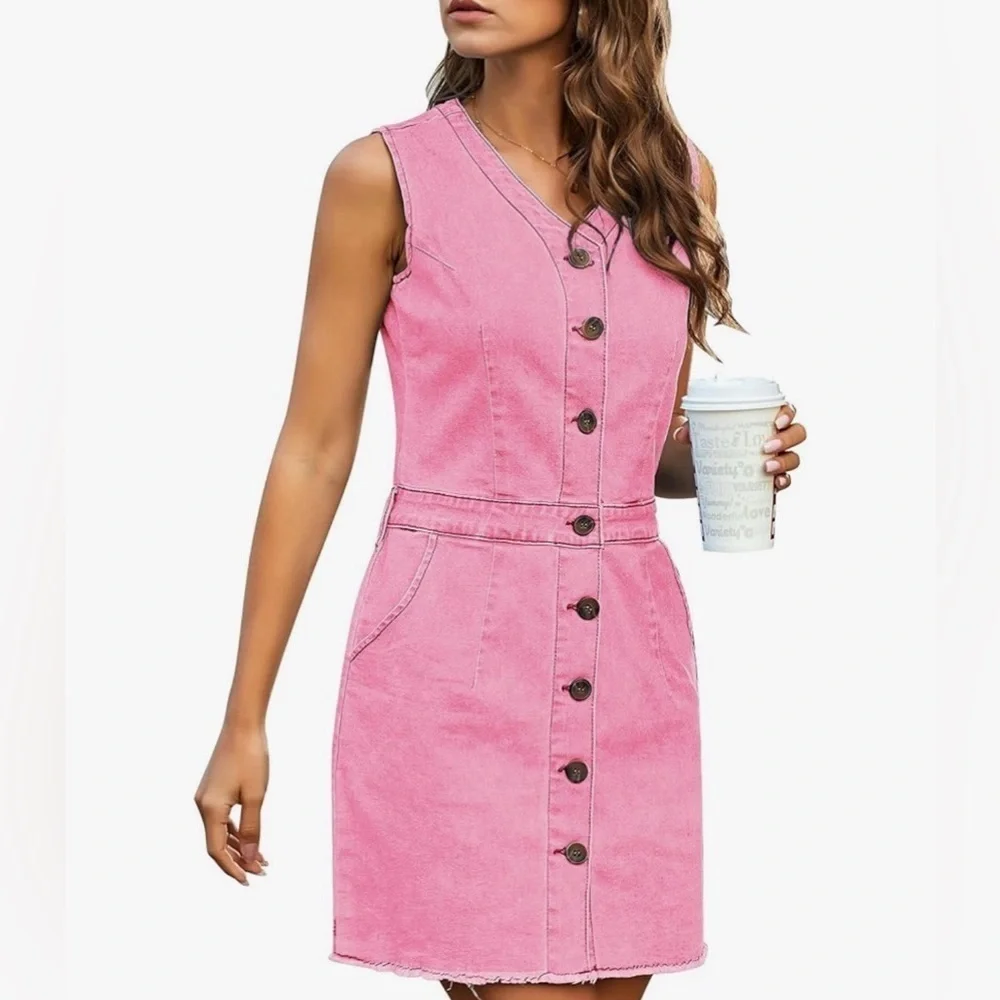 NWOT Lovely, button-down, mini pink sleeveless denim dress with pockets 2XL - Picture 3 of 6